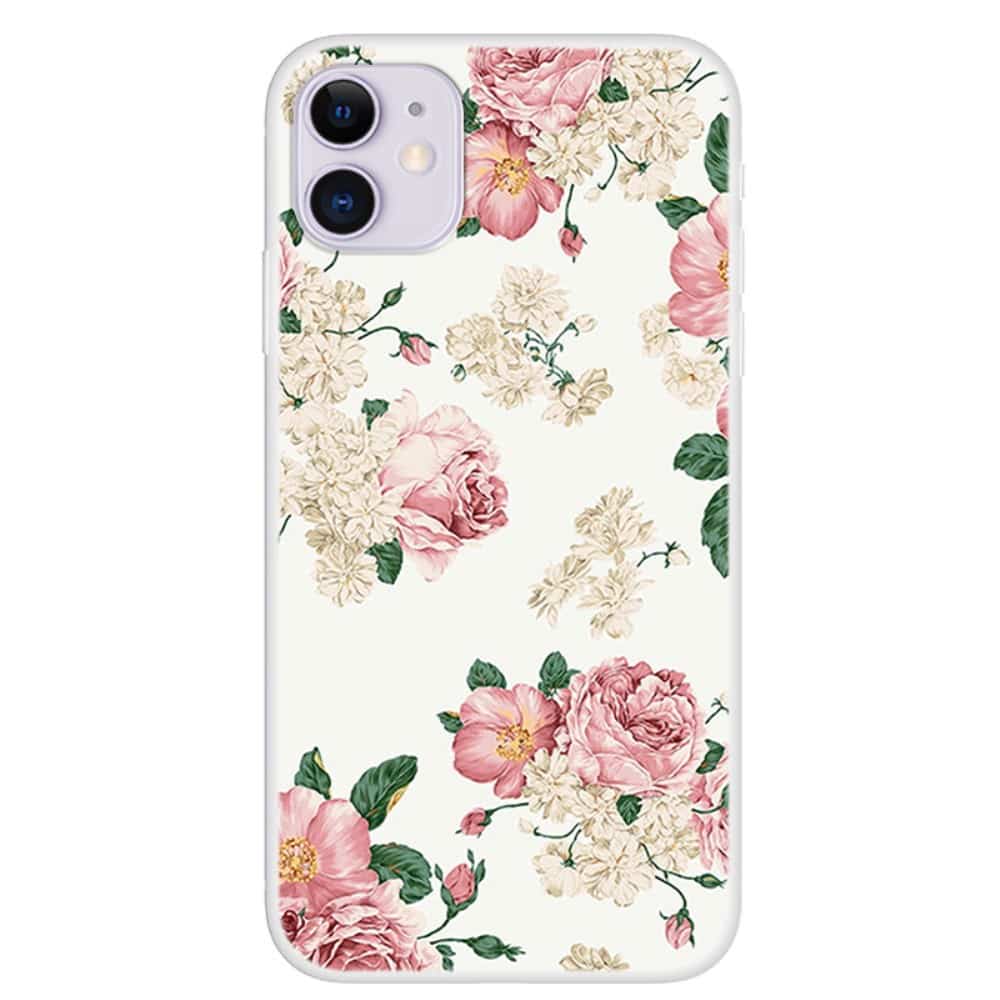 iPhone 12 / 12 Pro bagcover med print – Hvid m/lyserøde blomster - Fonecase